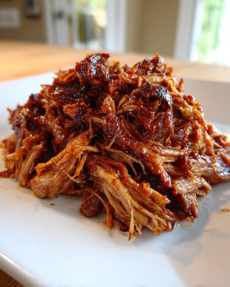 Close-up of a mound of saucy, shredded Slow Cooker Pulled Pork served on a white plate.