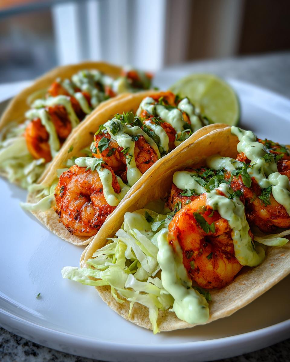 Three appetizing shrimp taco shells filled with seasoned shrimp, shredded lettuce, and drizzled with a creamy green sauce.