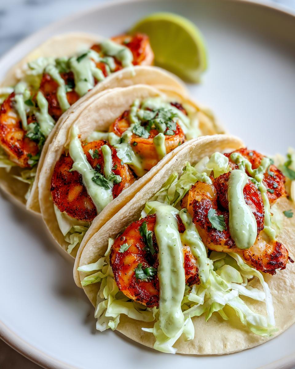 Three soft tortilla shrimp taco shells filled with shredded lettuce, seasoned shrimp, and drizzled with a light green creamy sauce.