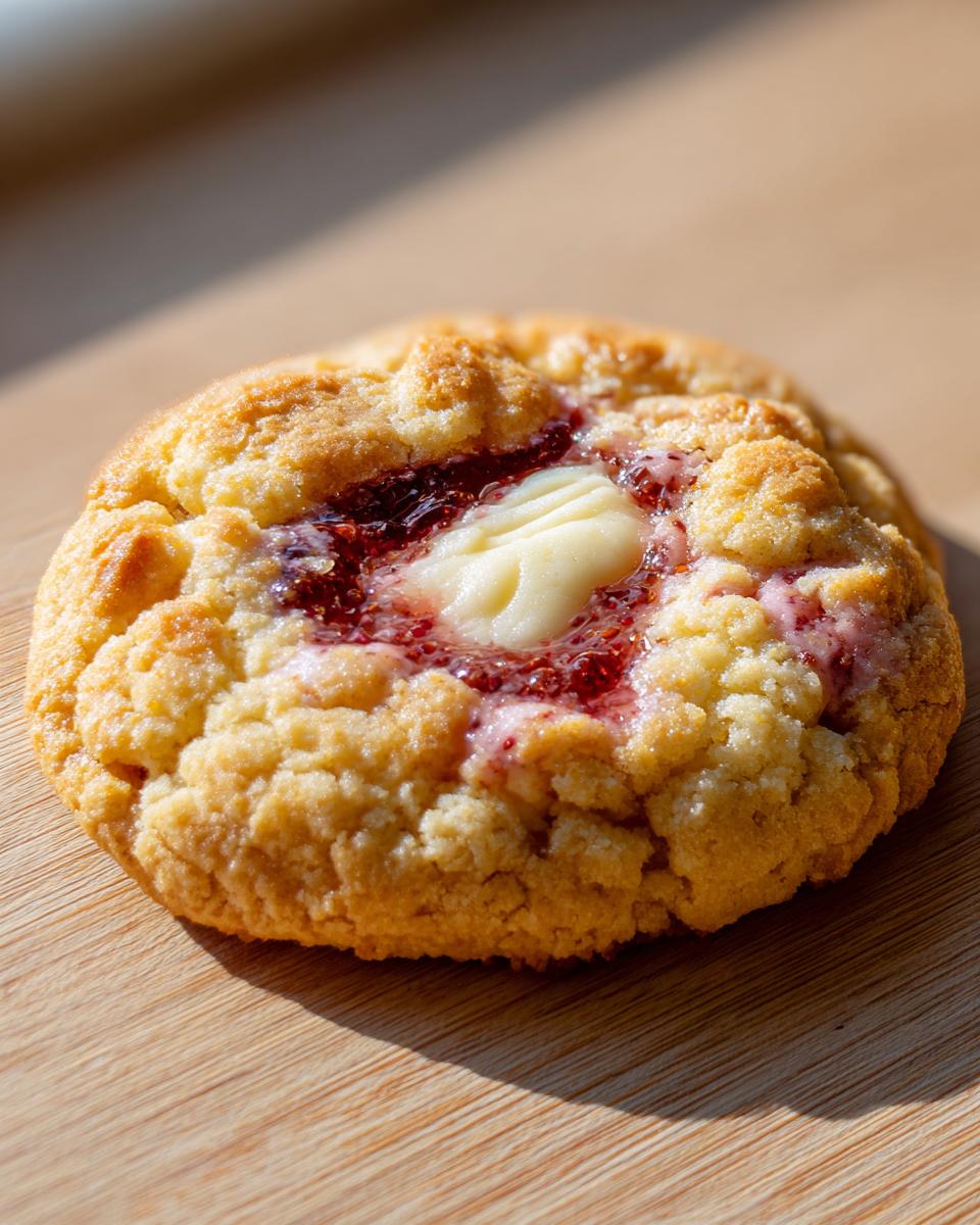 A close-up, sunlit photo of a single, golden strawberry cheesecake cookie with a dollop of cream cheese filling and visible strawberry jam.