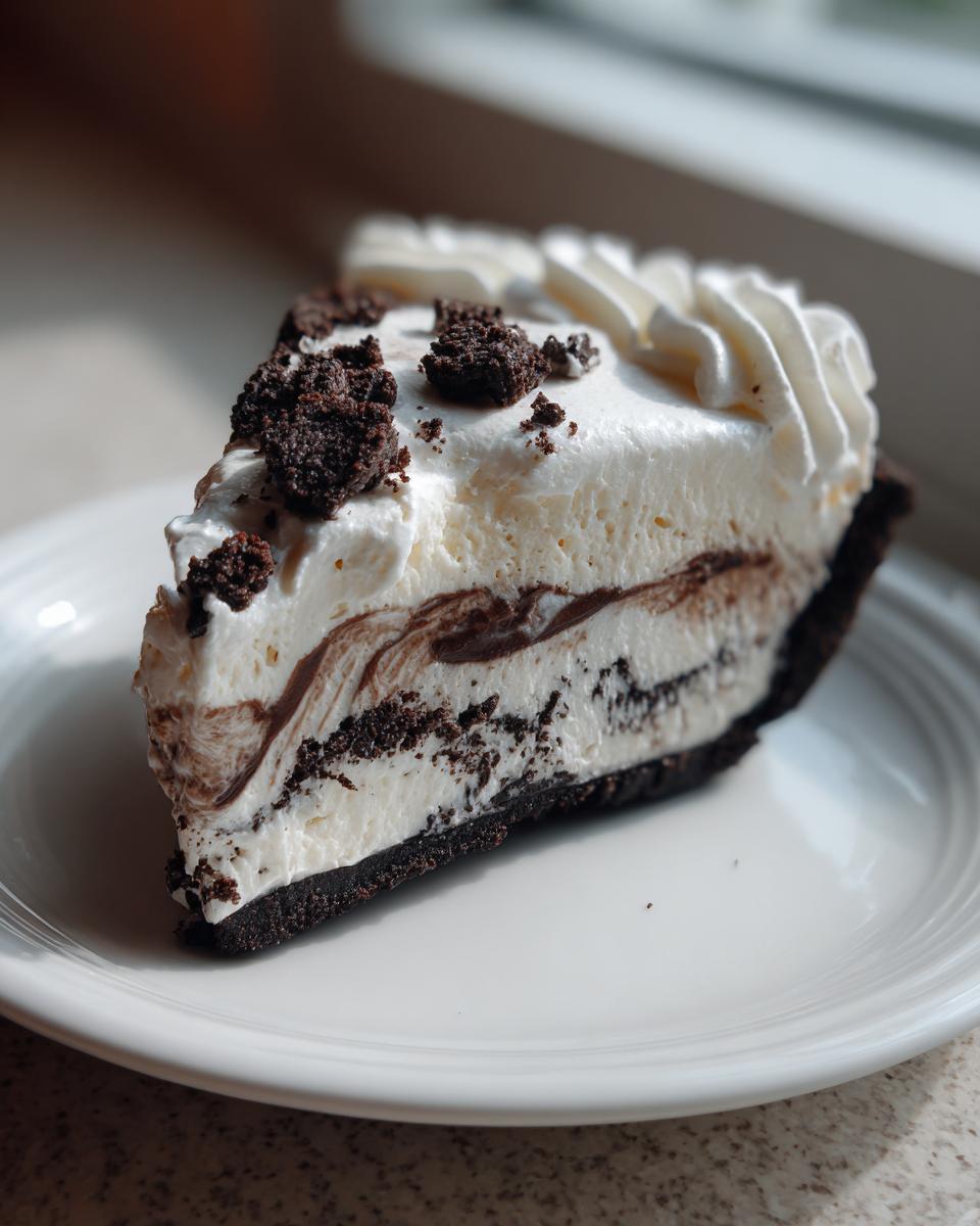 A decadent slice of homemade ice cream pie featuring layers of chocolate cookie crust, creamy filling, and whipped topping.