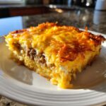 A hearty slice of christmas breakfast casserole featuring layers of hash browns, sausage, and melted cheddar cheese.