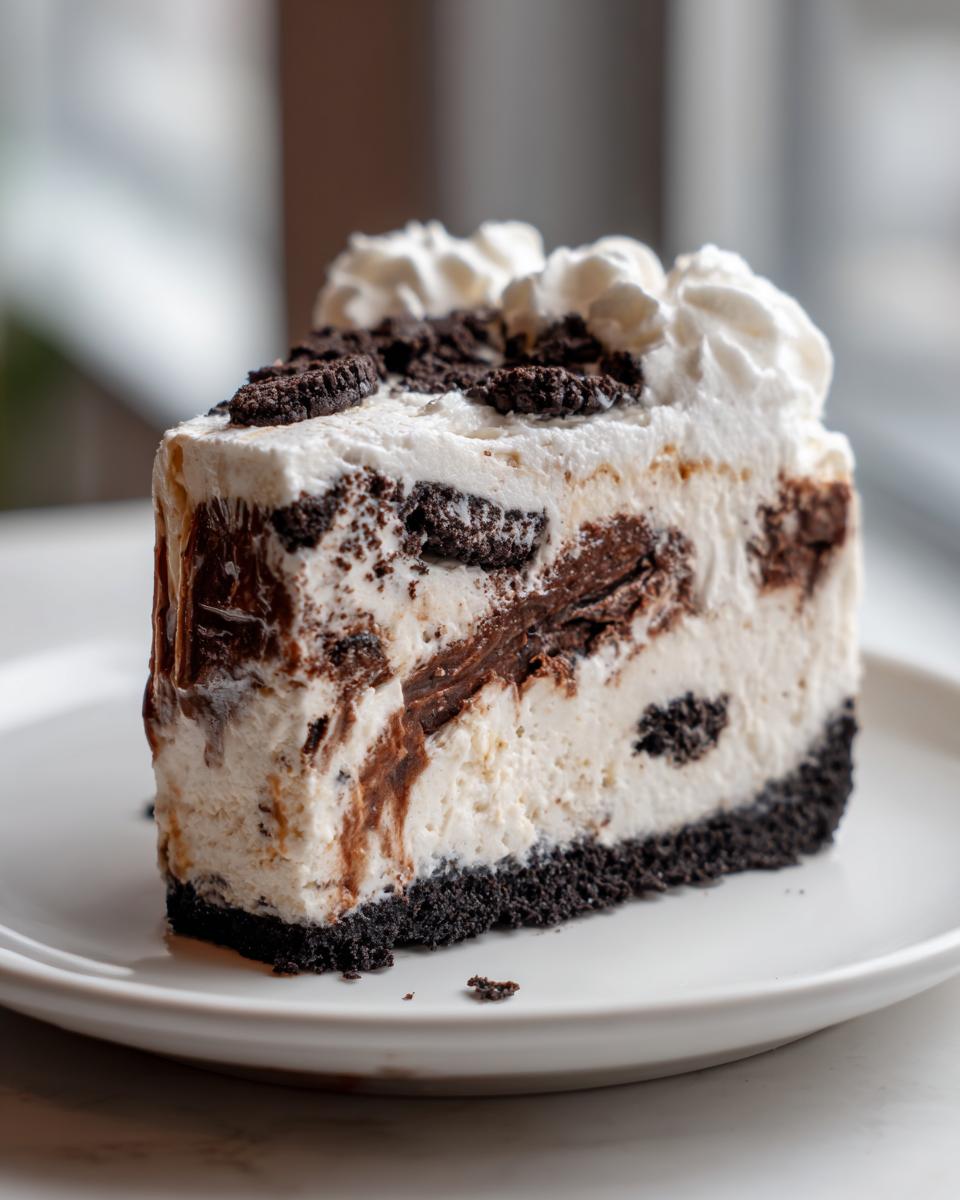 A decadent slice of cookies and cream ice cream pie with a dark crust, creamy filling, and whipped topping.