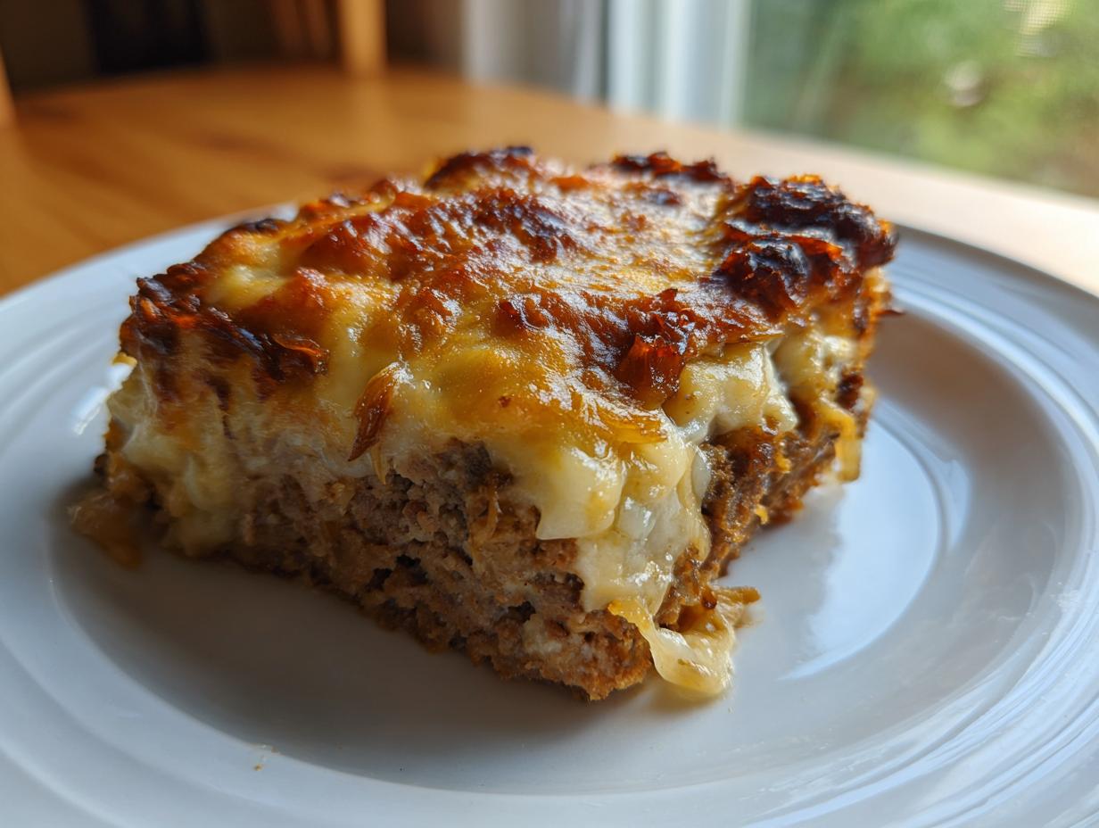 A close-up slice of crockpot french onion meatloaf topped with melted, browned cheese on a white plate.