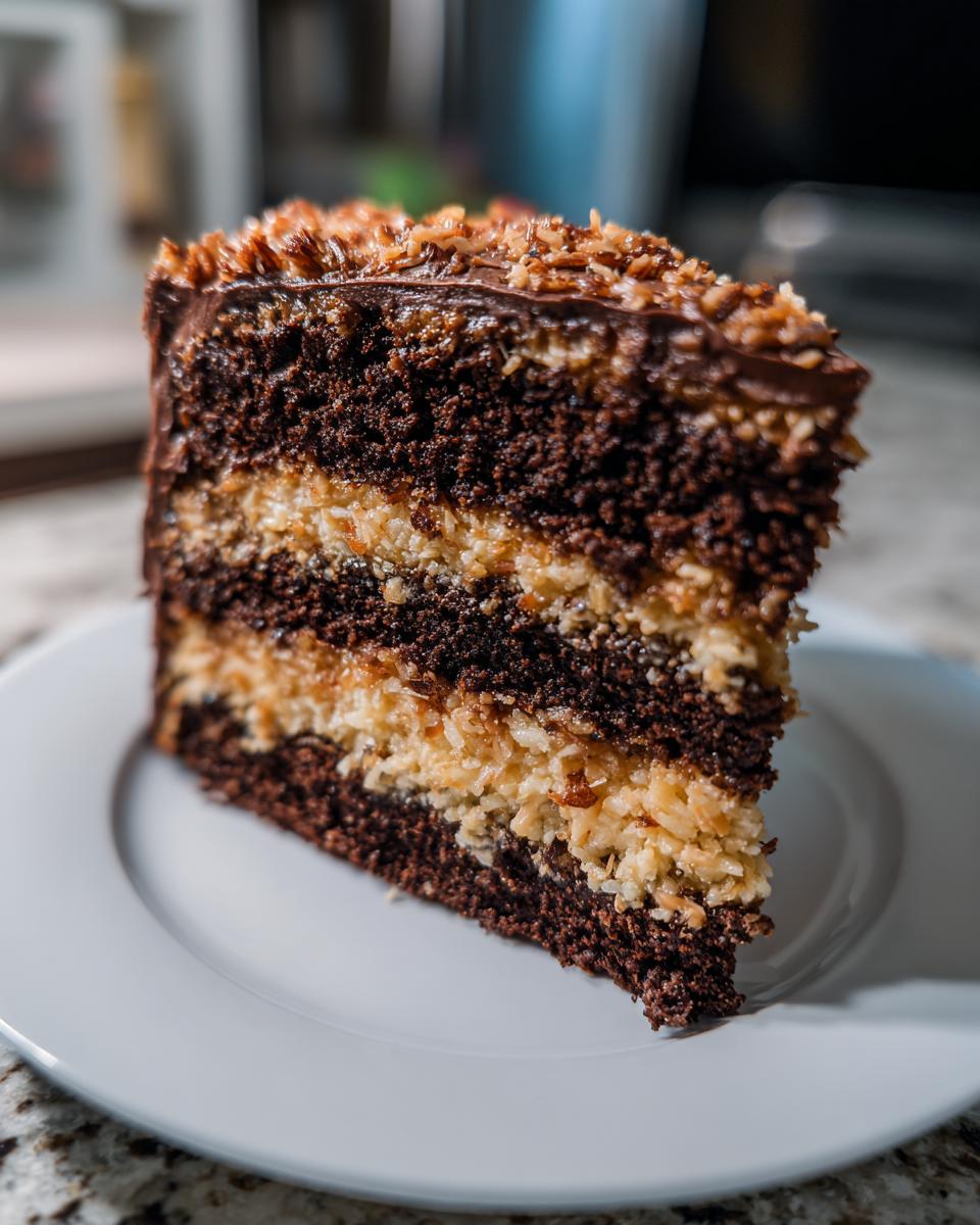 A tall slice of rich German chocolate cake recipe with dark layers and coconut-pecan filling.