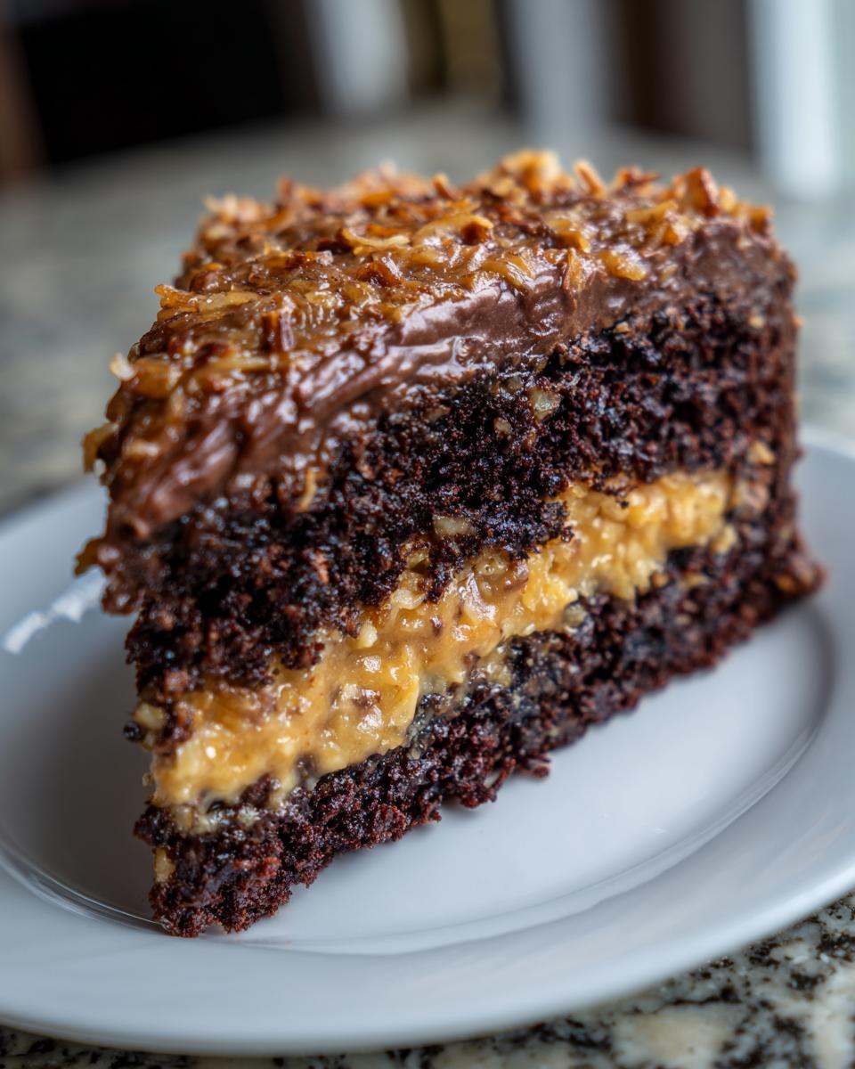 Close-up of a decadent slice of german chocolate cake recipe showing dark layers and coconut-pecan filling.