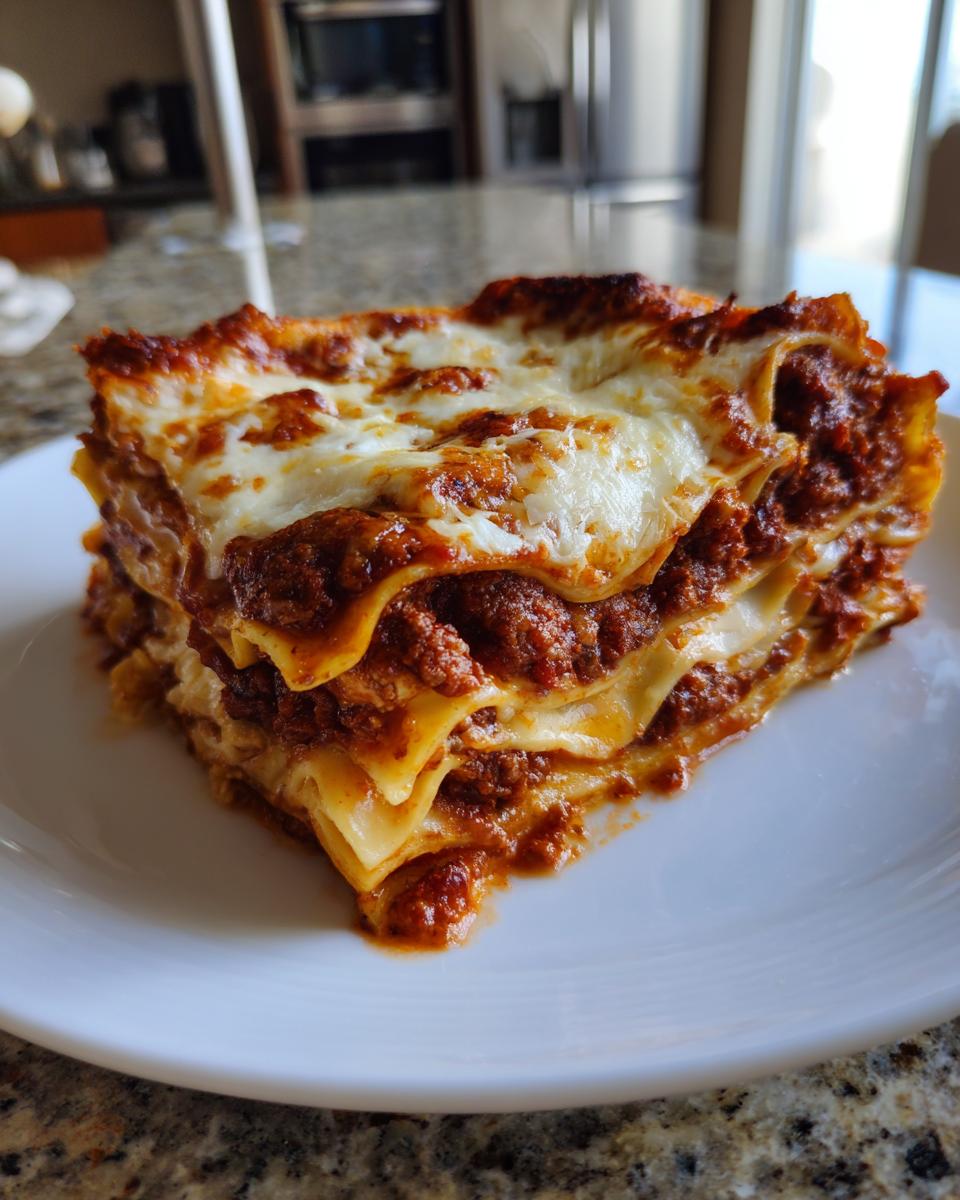 A generous, tall slice of homemade lasagna featuring layers of pasta, rich meat sauce, and bubbly melted cheese topping.