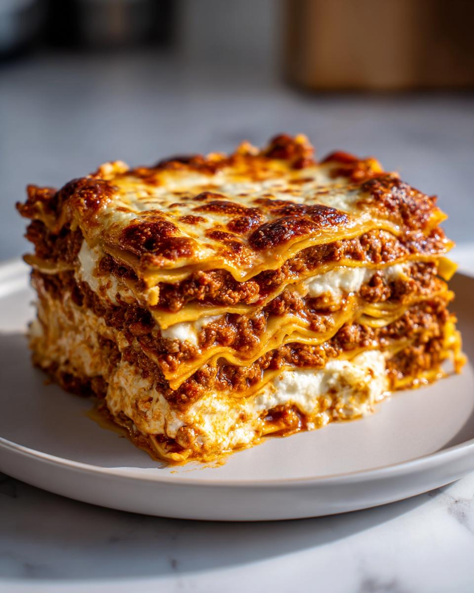 A tall, thick slice of homemade lasagna showing multiple layers of pasta, rich meat sauce, and creamy ricotta cheese.