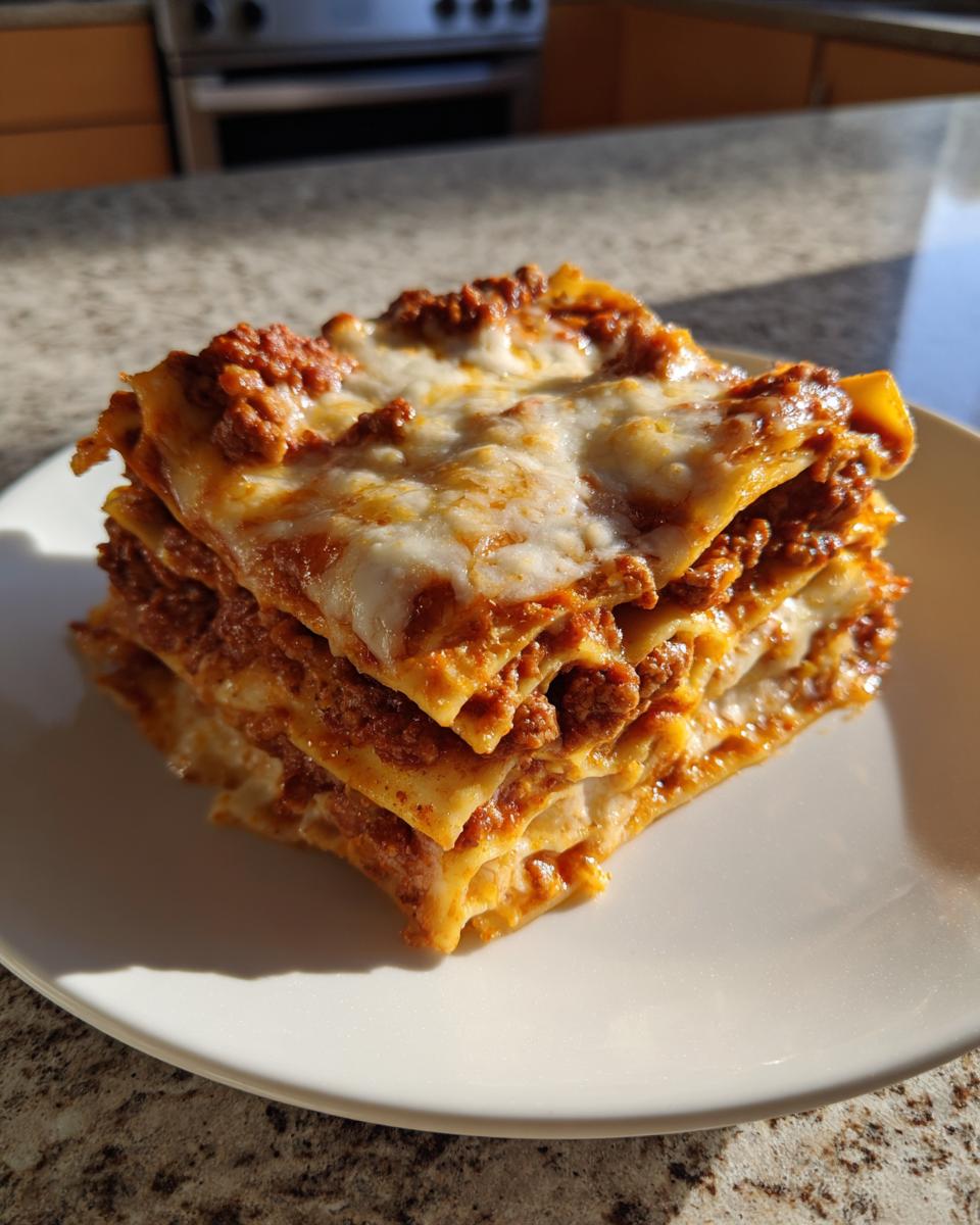 A thick, stacked slice of homemade lasagna featuring layers of pasta, rich meat sauce, and melted cheese topping.