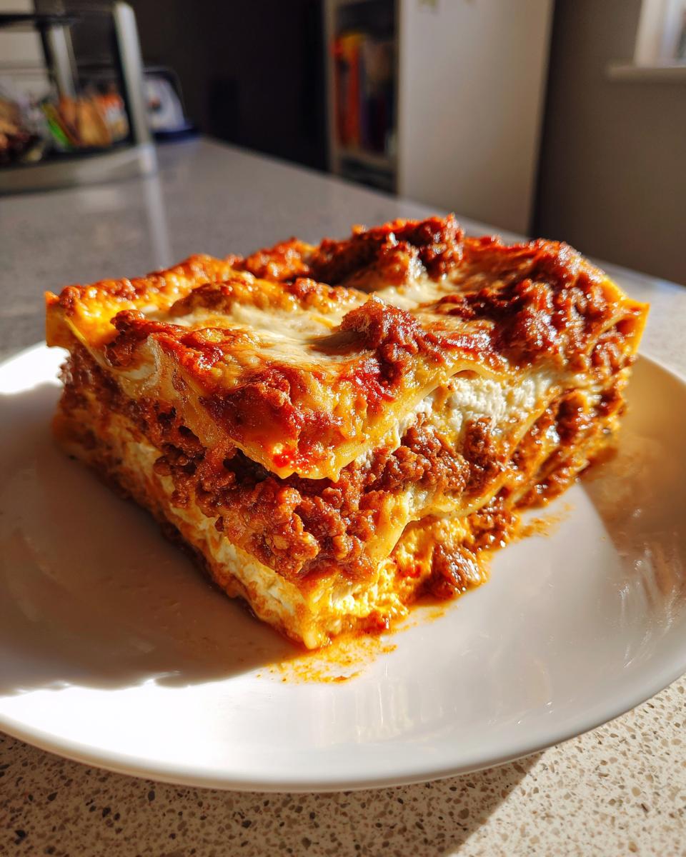 A thick, square slice of homemade lasagna featuring layers of pasta, ricotta cheese, and rich meat sauce, served on a white plate.