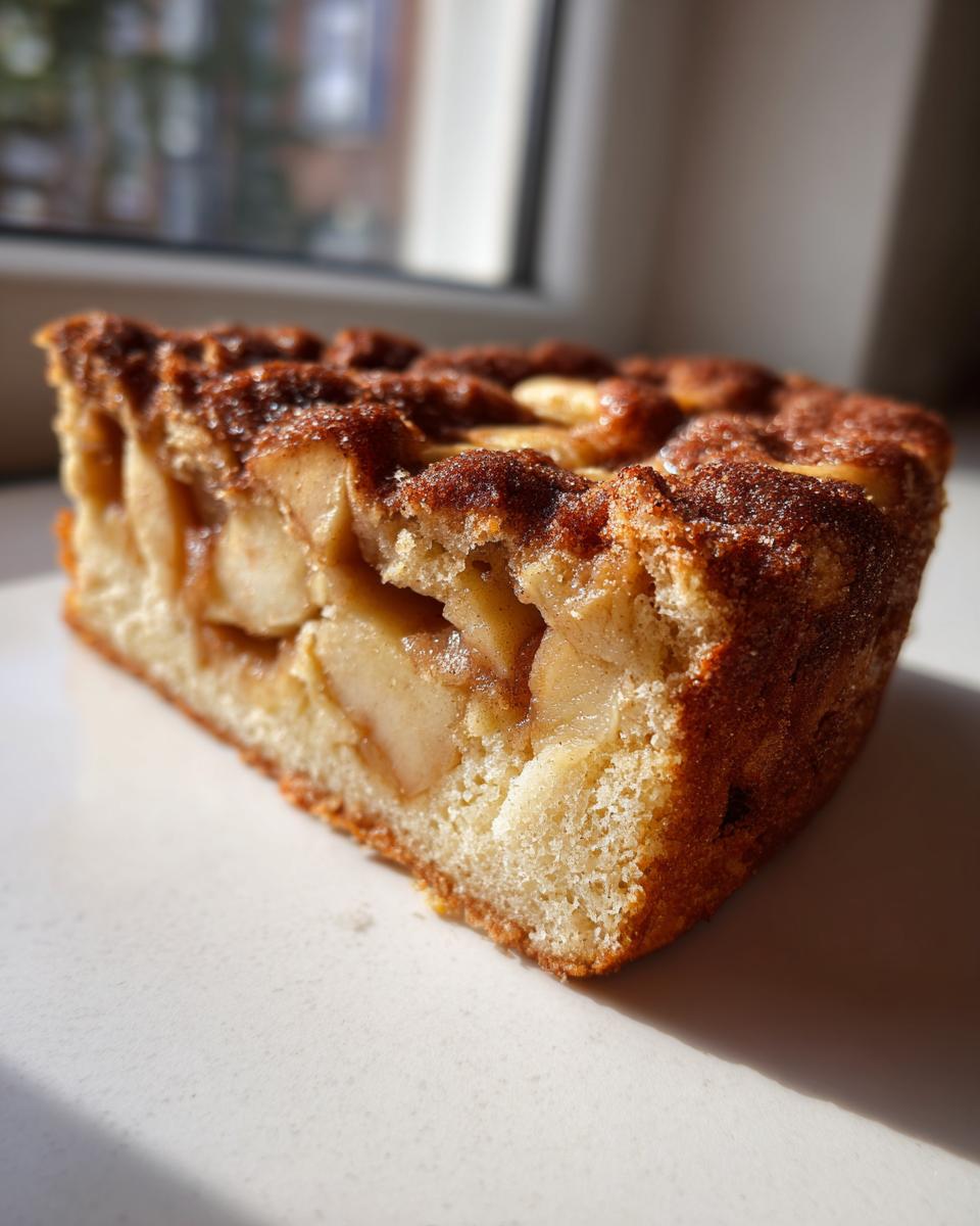 Close-up of a moist slice of jewish apple cake showing tender apples and a cinnamon sugar crust.