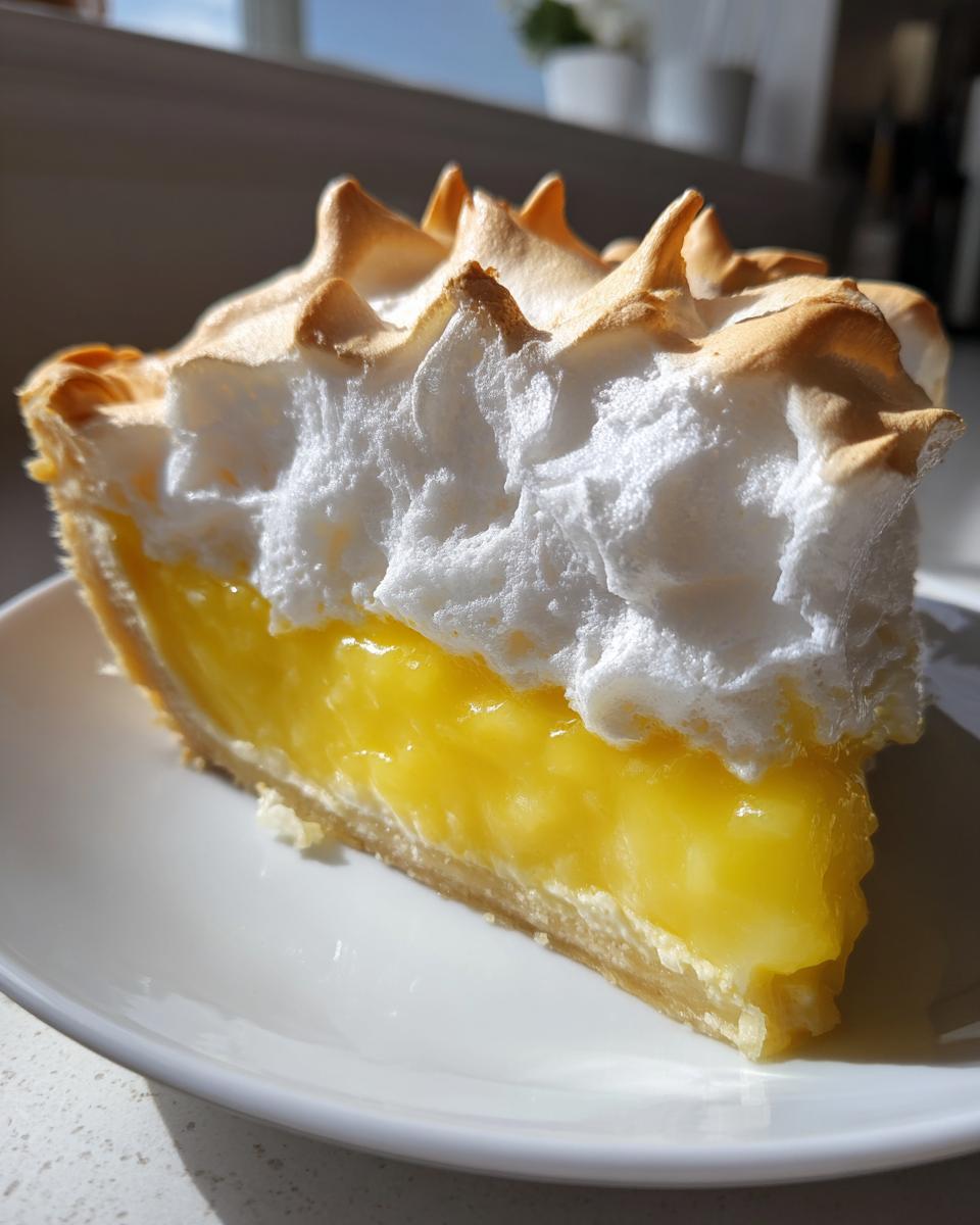 A tall slice of bright yellow lemon meringue pie showing a thick layer of glossy filling and peaks of toasted meringue.