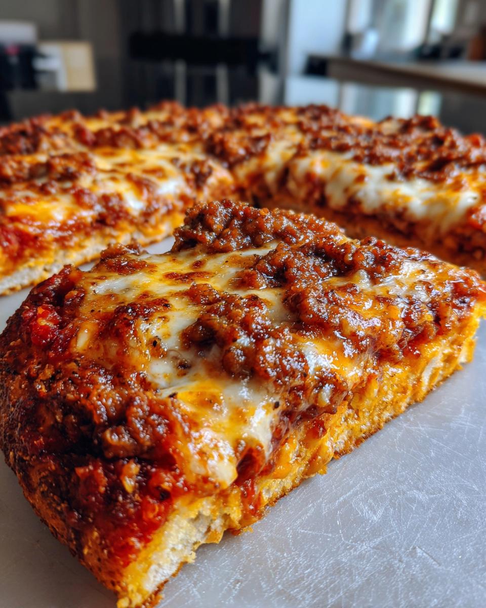 A close-up shot of a thick slice of chicken crust pizza topped with rich meat sauce and melted cheese.