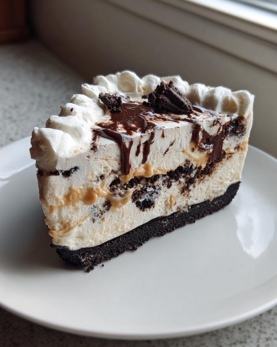 A perfect slice of no-bake ice cream pie featuring a dark cookie crust, creamy filling, and chocolate drizzle.