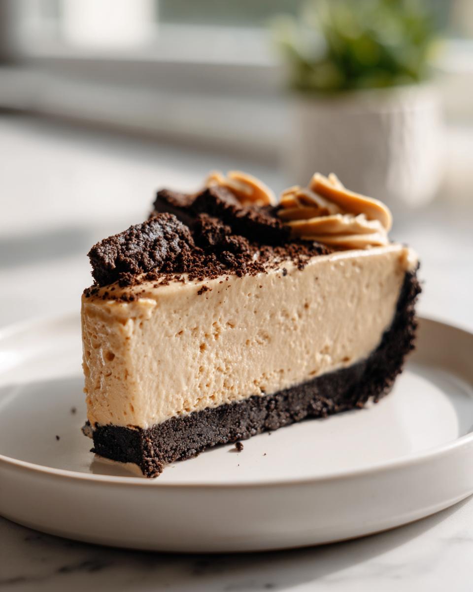 A thick slice of no bake peanut butter pie with a dark chocolate crust, topped with whipped peanut butter and cookie crumbs.