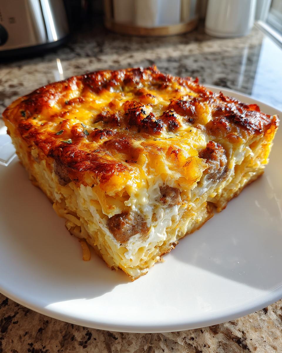 A golden-brown, cheesy slice of christmas breakfast casserole featuring sausage and eggs on a white plate.