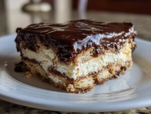 Close-up of a layered slice of eclair cake featuring graham crackers, creamy filling, and rich chocolate frosting.