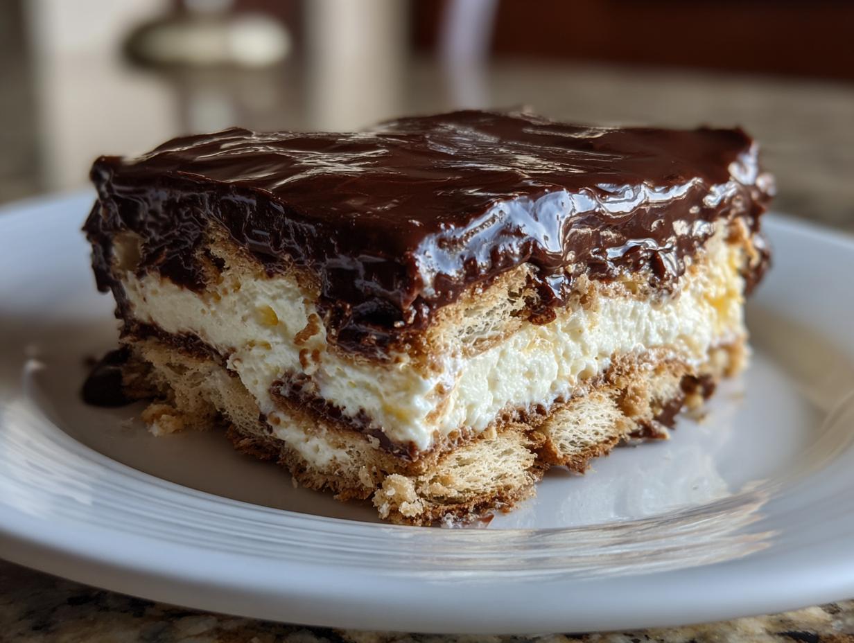 Close-up of a layered slice of eclair cake featuring graham crackers, creamy filling, and rich chocolate frosting.