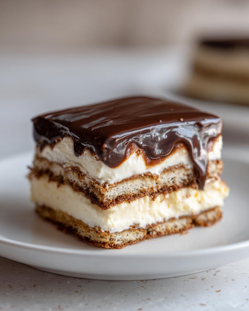 Close-up of a layered slice of eclair cake featuring graham crackers, cream filling, and rich chocolate ganache topping.