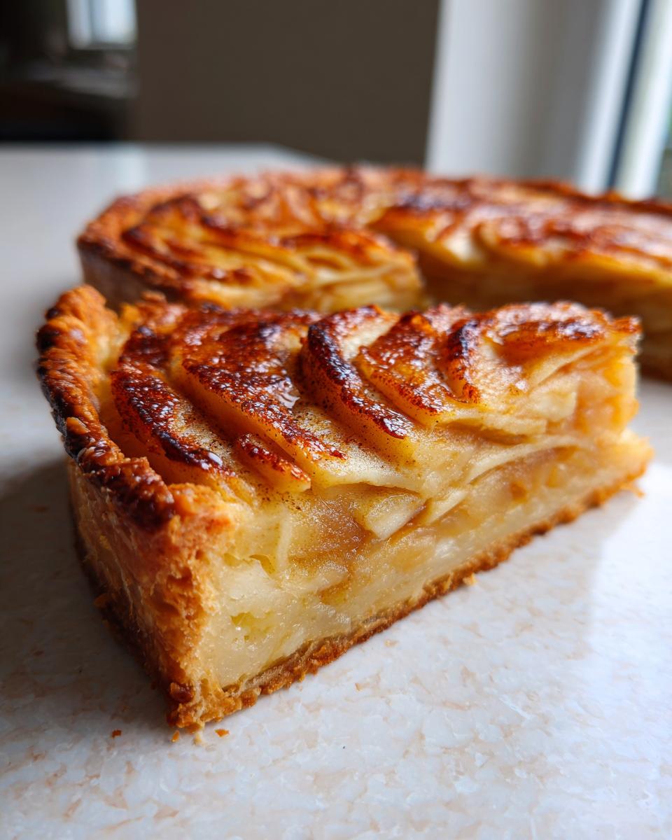 A close-up slice of a beautiful, golden brown apple tart showing layers of baked apples and flaky crust.