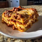 A thick, layered slice of homemade lasagna featuring rich meat sauce and melted cheese, served on a white plate.