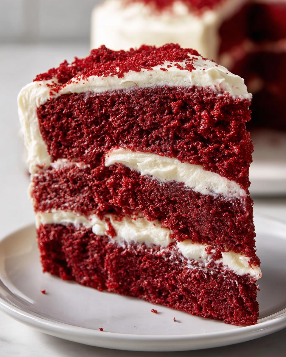 Close-up of a thick slice of moist red velvet cake showing three layers separated by cream cheese frosting.