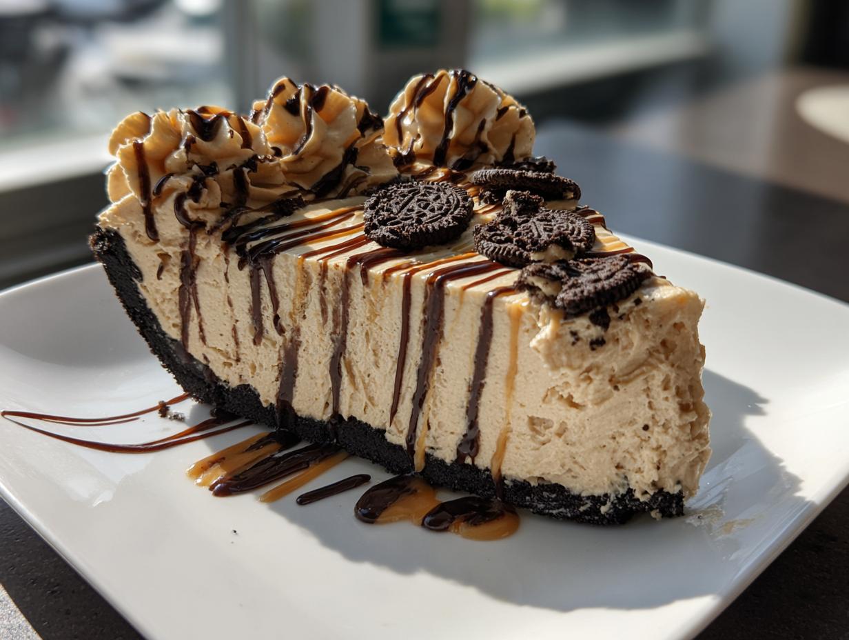 A decadent slice of peanut butter pie with a dark crust, drizzled with chocolate and caramel, topped with whipped cream and mini cookies.