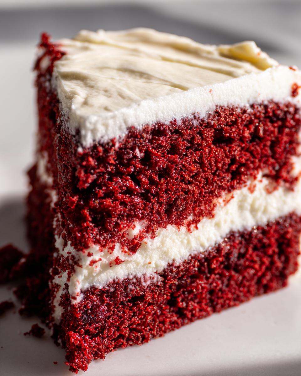 Close-up of a moist slice of red velvet cake showing two layers of deep red cake separated by thick white cream cheese frosting.