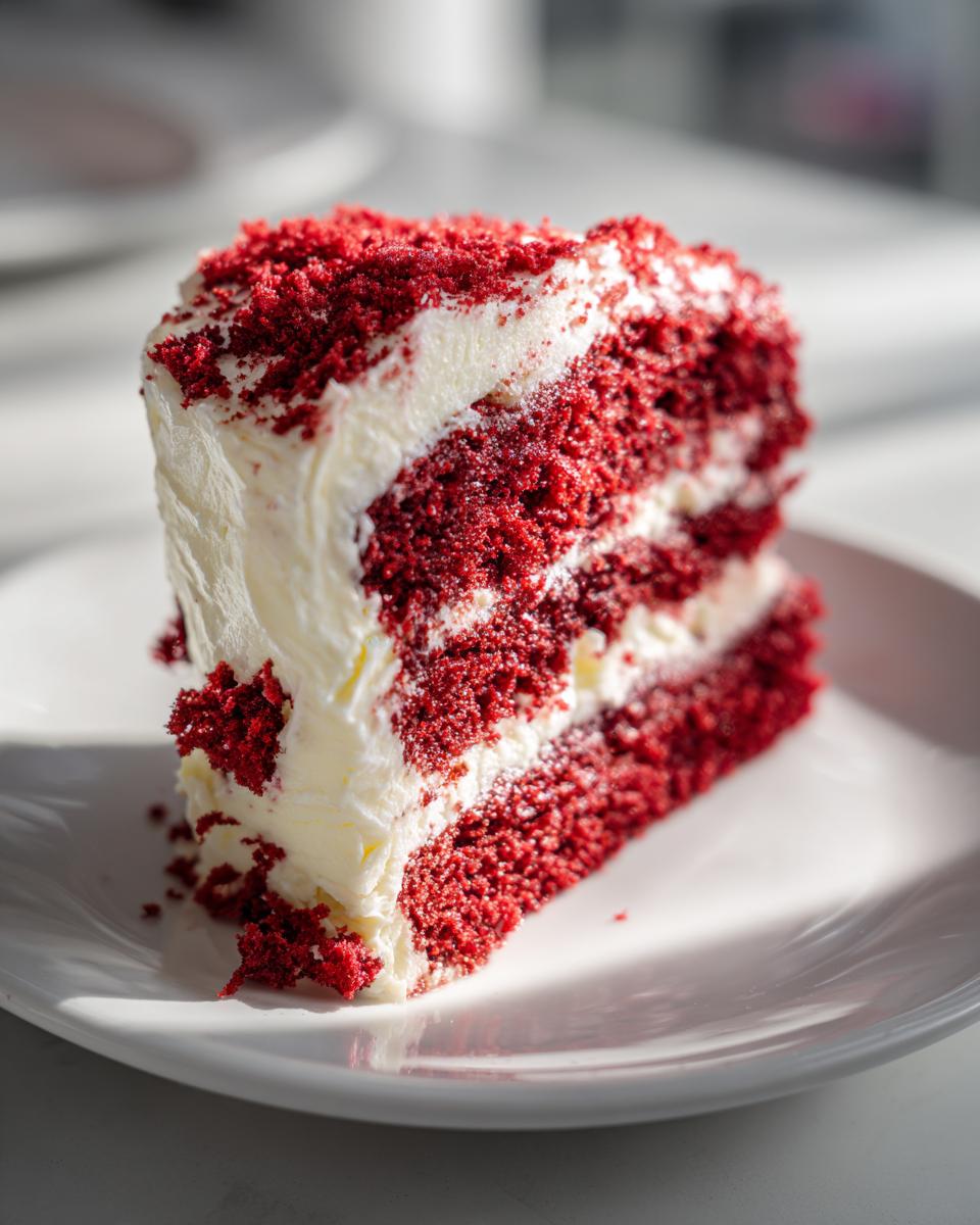 A tempting slice of multi-layered red velvet cake with thick white frosting, topped with red cake crumbs.