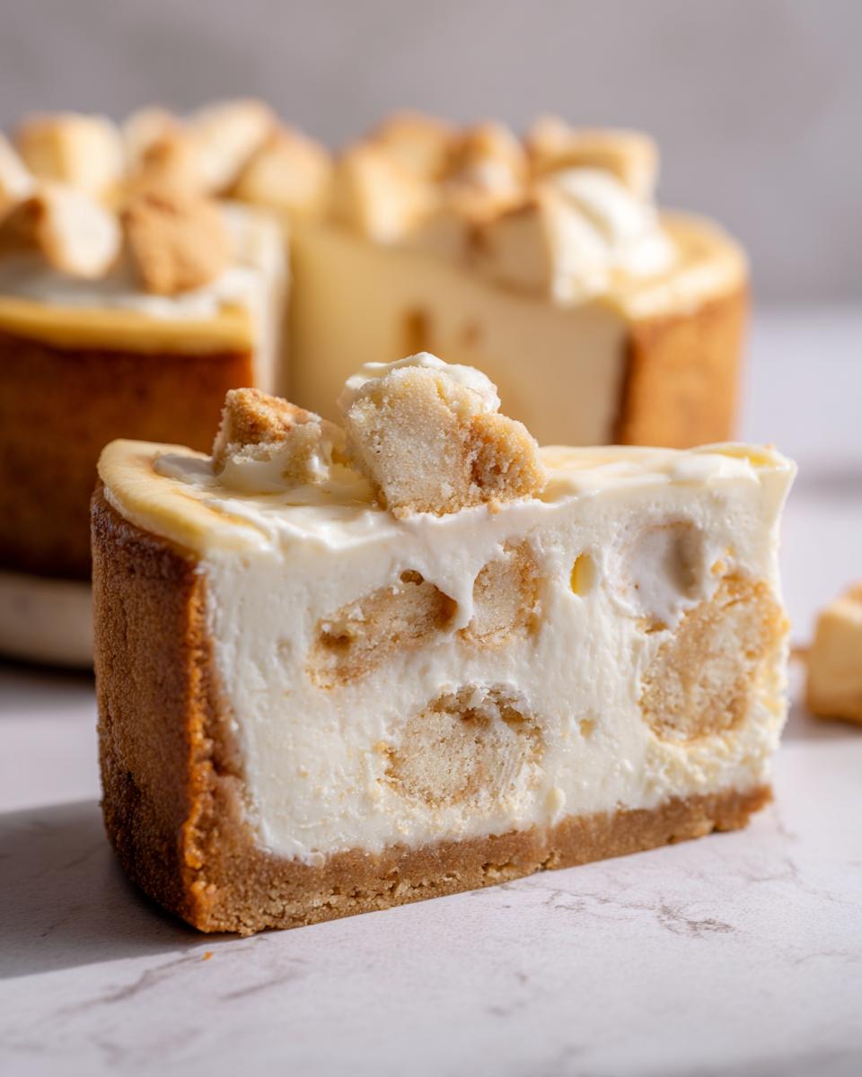 Close-up of a slice of sugar cookie cheesecake showing the creamy filling with embedded cookie pieces and a thick crust.