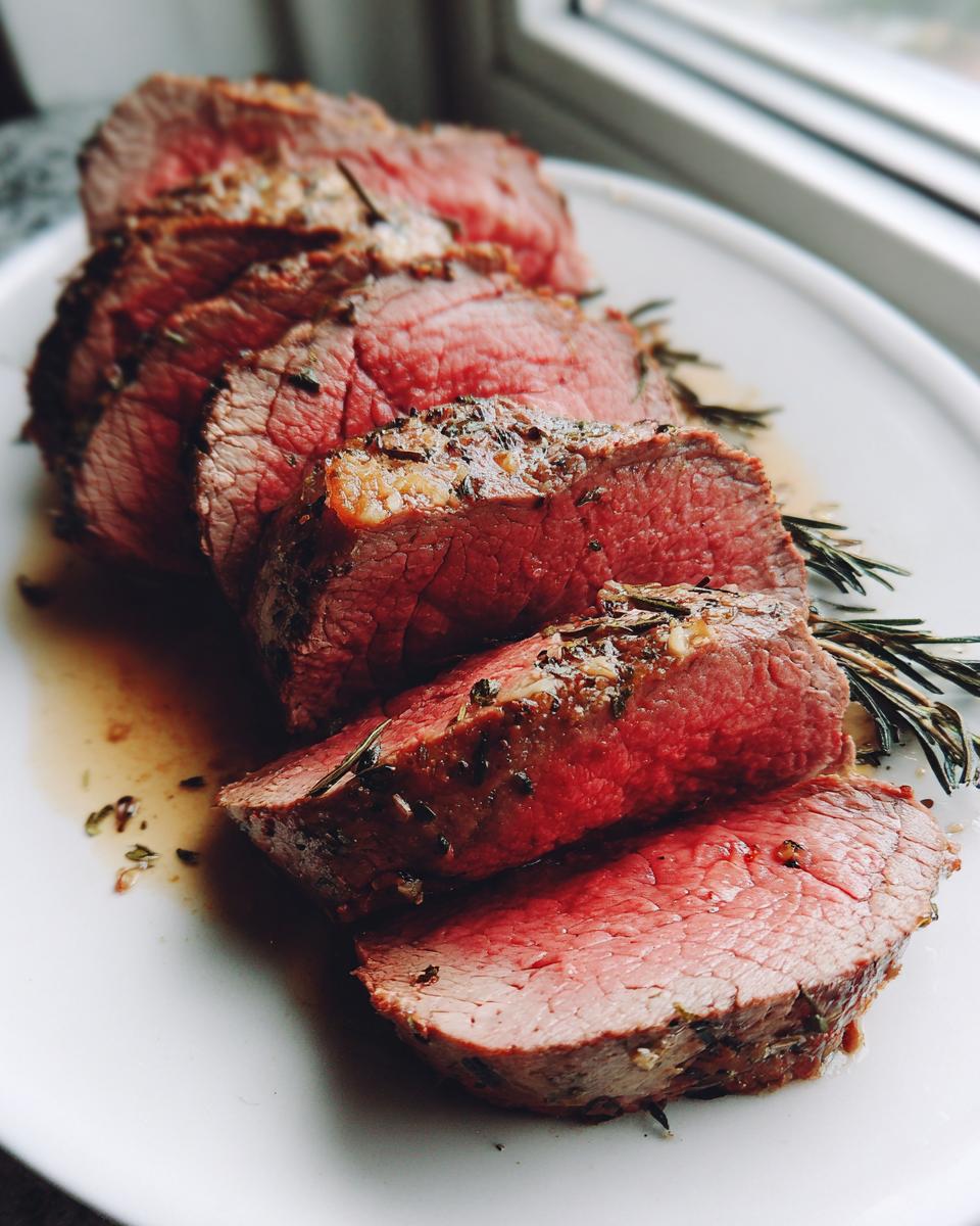Close-up of thick, medium-rare slices of herb-crusted beef tenderloin resting in pan juices on a white platter.