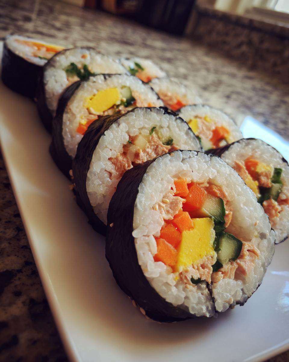 A row of freshly sliced tuna kimbap rolls showing rice, seaweed, tuna, egg, and carrots.