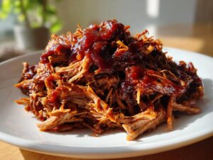 A close-up of tender, shredded Slow Cooker Pulled Pork piled high on a white plate and topped with rich BBQ sauce.