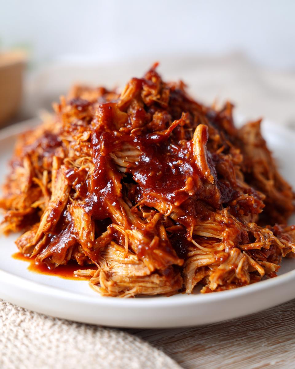 Close-up of tender, shredded Slow Cooker Pulled Pork heavily coated in rich, dark barbecue sauce on a white plate.