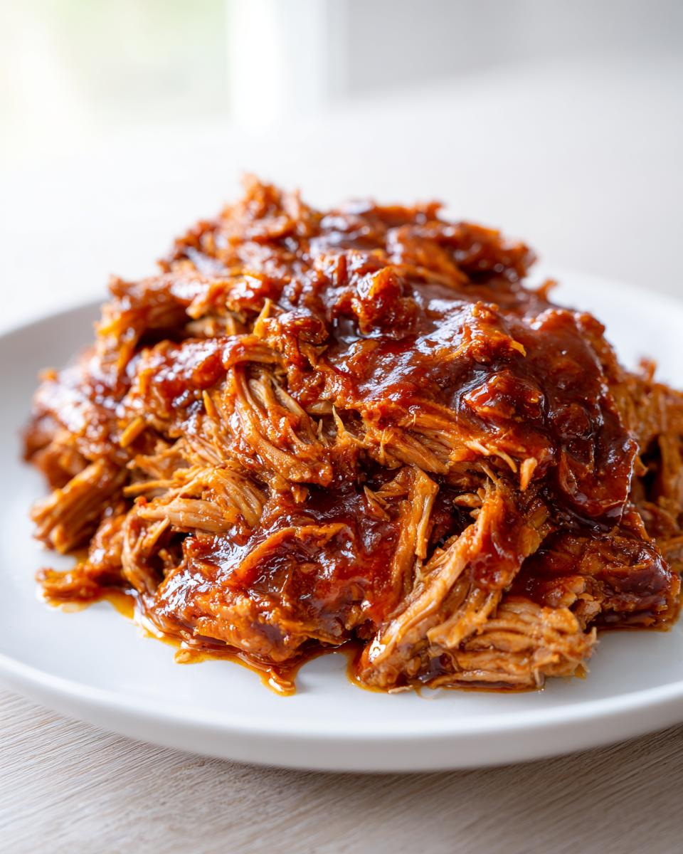 A close-up of tender, shredded Slow Cooker Pulled Pork smothered in rich BBQ sauce on a white plate.