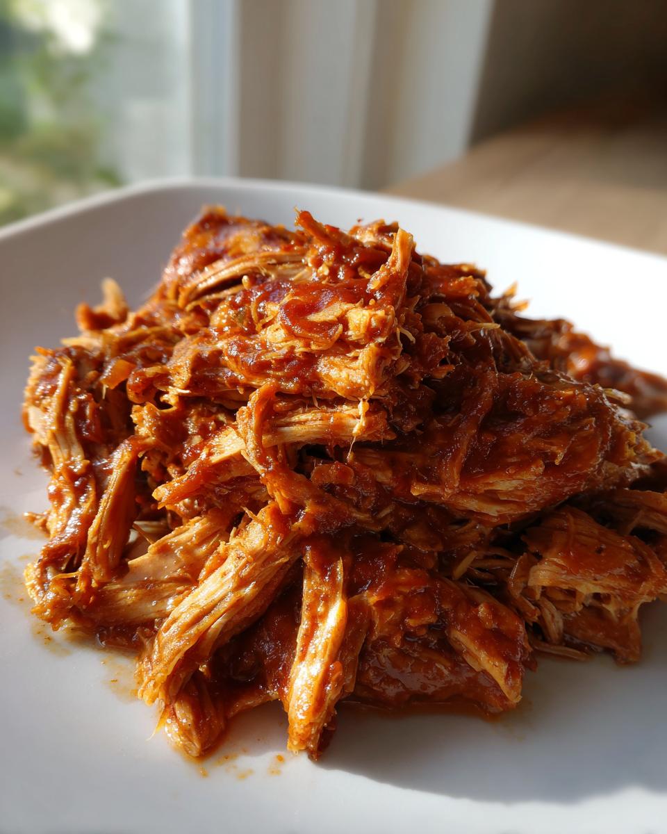 Close-up of tender, shredded Slow Cooker Pulled Pork coated in rich barbecue sauce on a white plate.