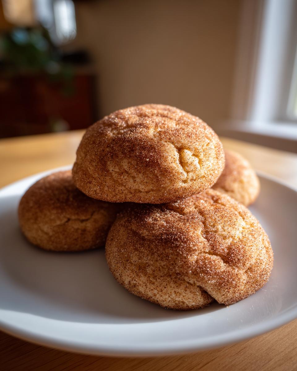 A stack of four soft, puffy Snickerdoodle cookies generously coated in cinnamon sugar, resting on a white plate.