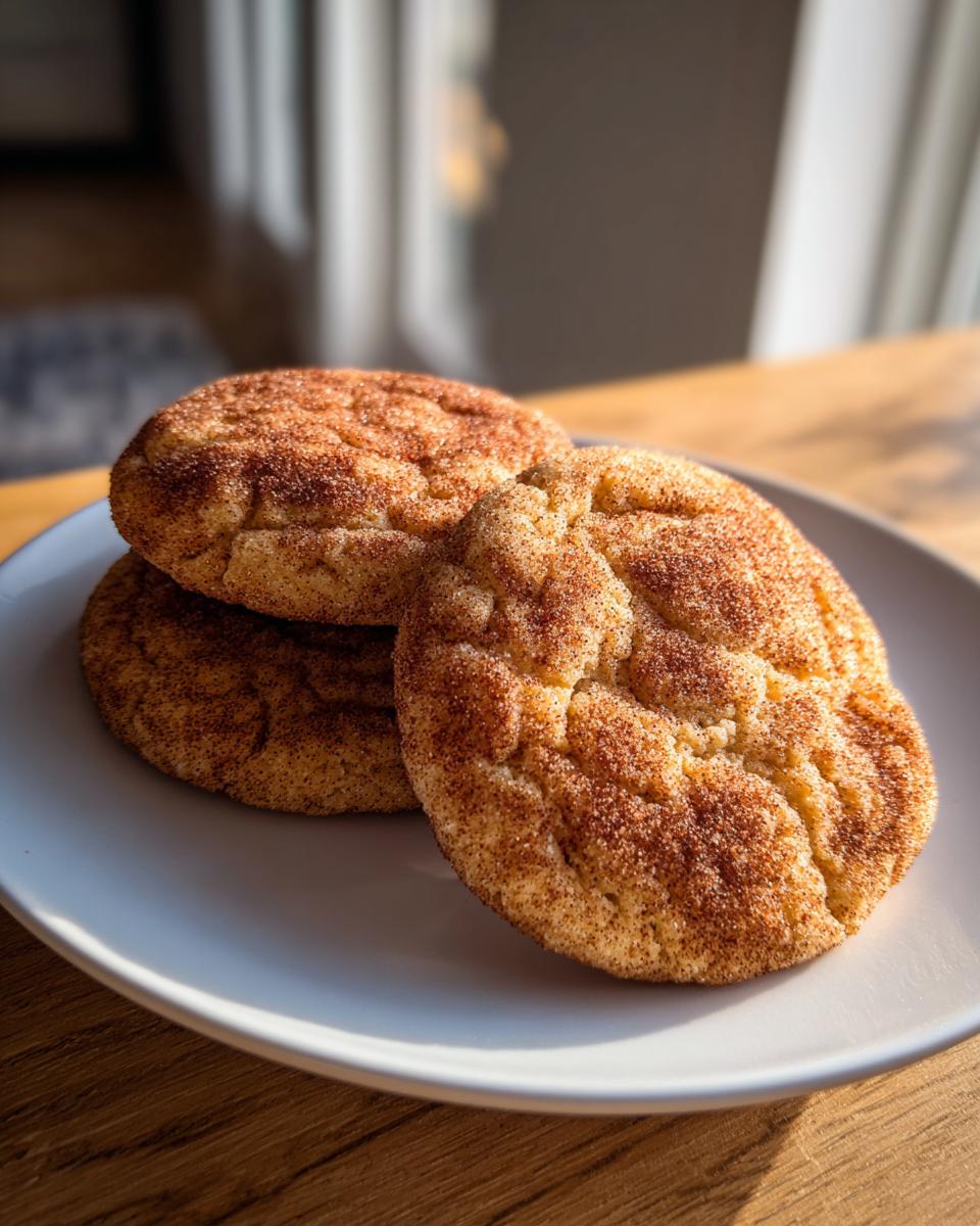 Three soft Snickerdoodle cookies generously coated in cinnamon sugar, stacked on a white plate.