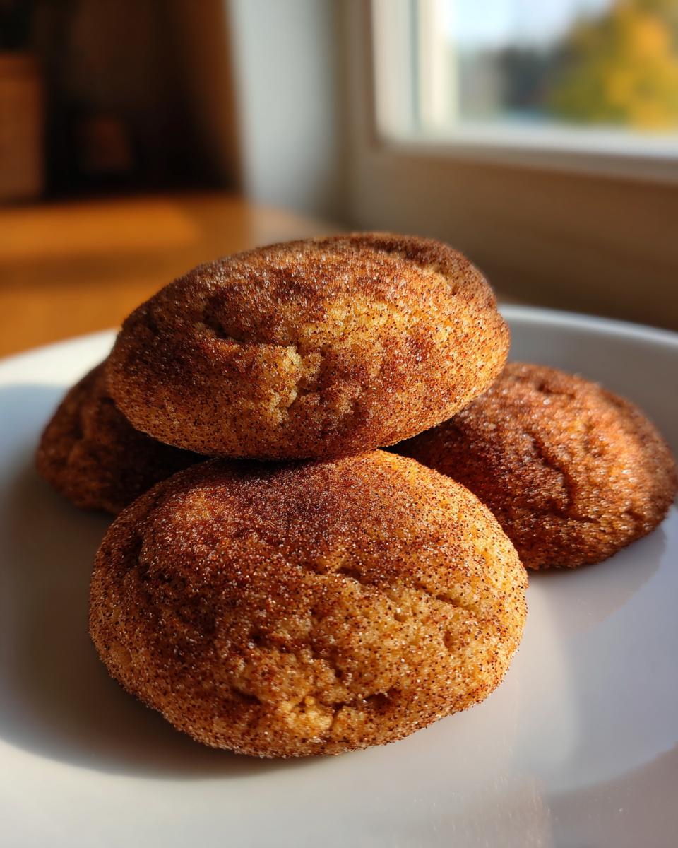 Close-up of three soft Snickerdoodle cookies generously coated in cinnamon sugar, resting on a white plate.
