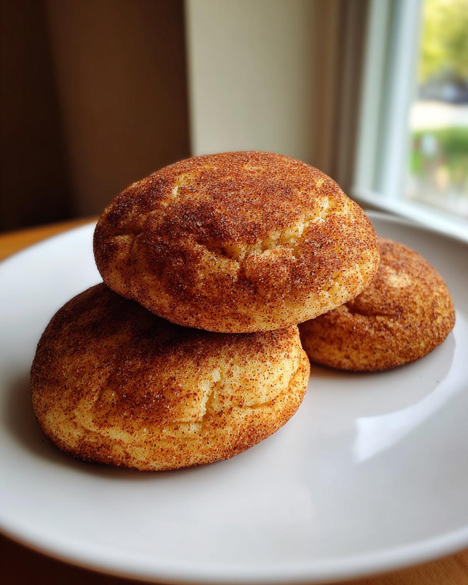 Three soft, thick Snickerdoodle cookies heavily coated in cinnamon sugar, stacked on a white plate.