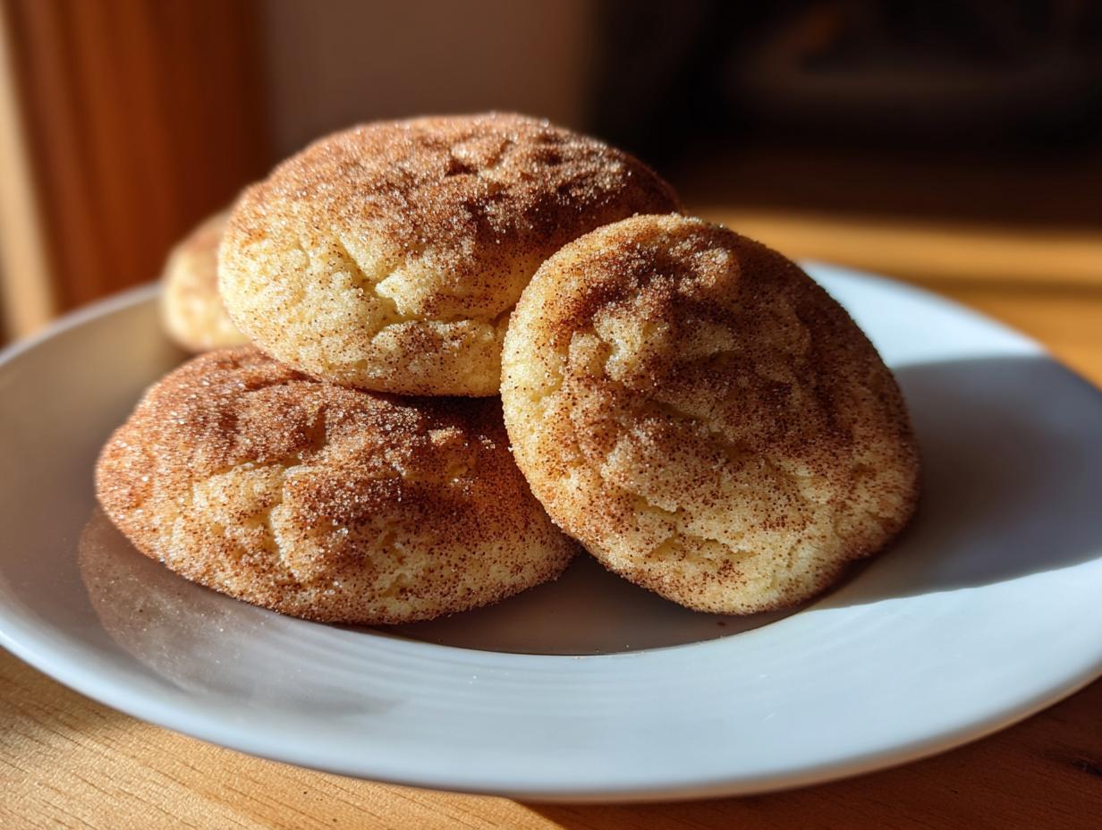 A stack of soft, freshly baked Snickerdoodle cookies coated in cinnamon sugar, resting on a white plate.