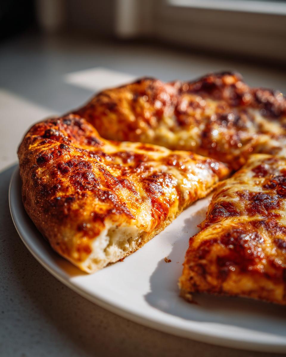 Close-up of a freshly baked pizza with bubbly, browned cheese, made from sourdough discard pizza dough.