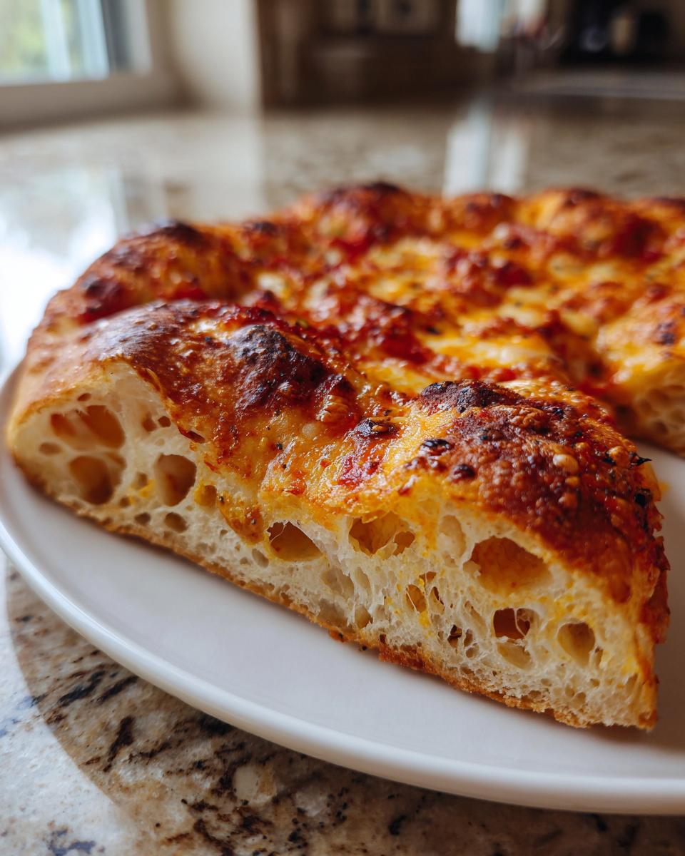 Close-up of a slice of pizza made with sourdough discard pizza dough showing open, airy crumb structure.