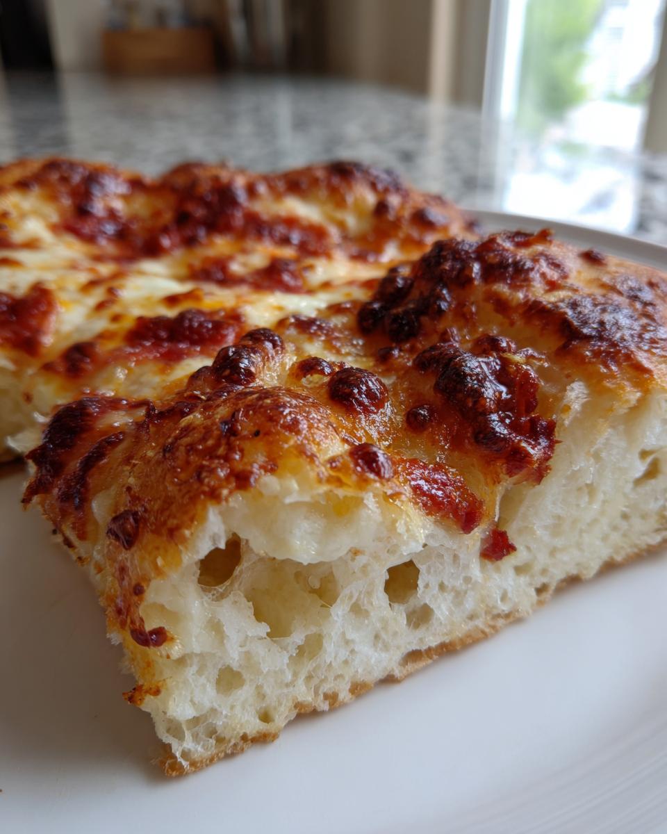 Close-up of a thick slice showing the airy, bubbly interior (crumb) of sourdough discard pizza dough with melted cheese and charred sauce.