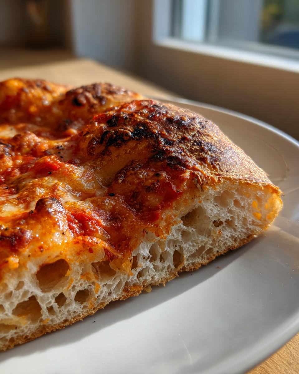 Close-up of a slice of pizza showing the airy, open crumb structure of the sourdough discard pizza dough crust.