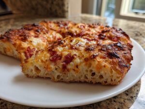 A thick slice of cheesy pizza showing the airy crumb structure made from sourdough discard pizza dough.