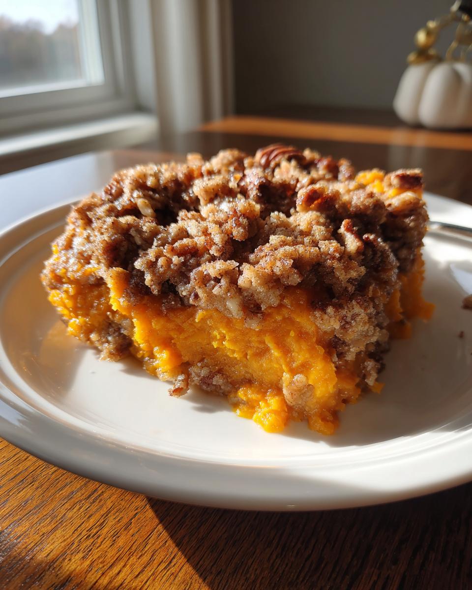 A close-up of a serving of southern sweet potato casserole with a thick, crunchy pecan streusel topping on a white plate.