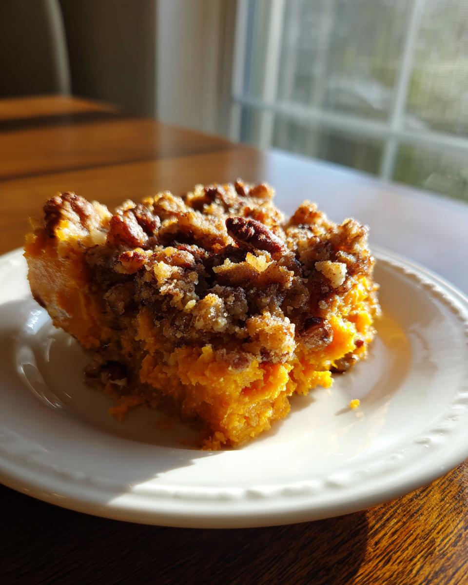 A close-up of a serving of southern sweet potato casserole topped with crunchy pecans and brown sugar crumble.