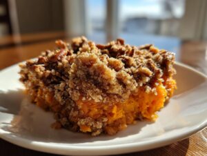 A close-up of a serving of orange southern sweet potato casserole topped with a crunchy pecan streusel.