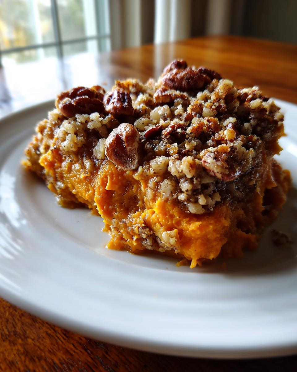 A close-up serving of southern sweet potato casserole topped with a crunchy pecan streusel on a white plate.